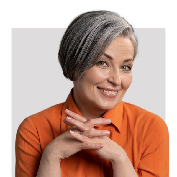 Woman Short Gray Hair Orange Blouse